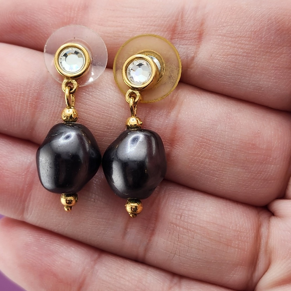 Black Baroque Faux Pearl Rhinestone Dangle Earrings Gold Tone Glam Statement